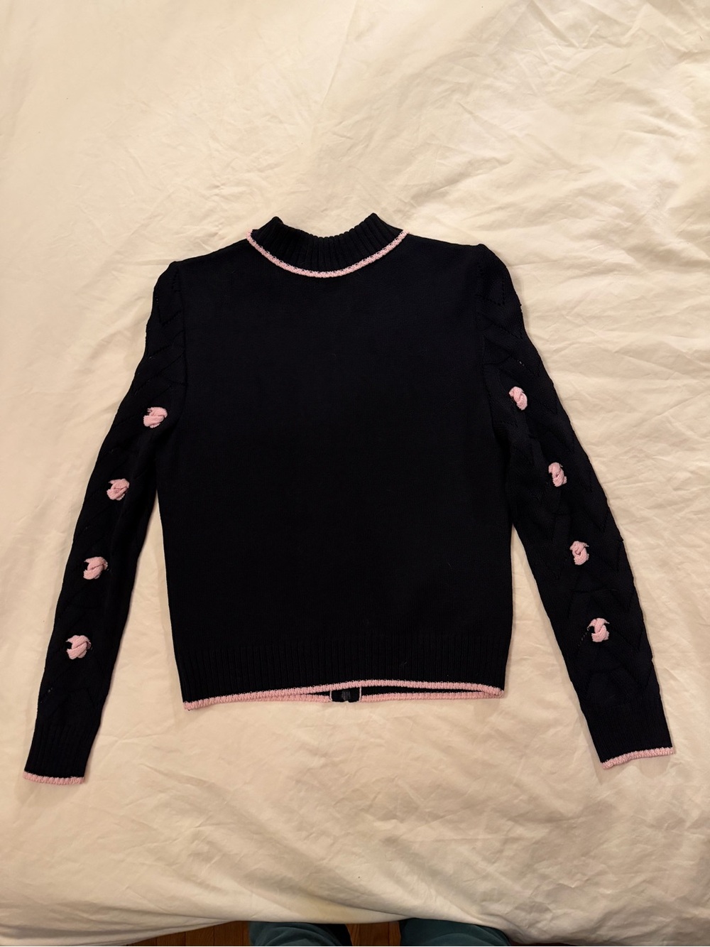 St. John Santana Black Knit Zip Cardigan with Pink Rosette Chevron Cable Sleeve - Picture 5 of 9